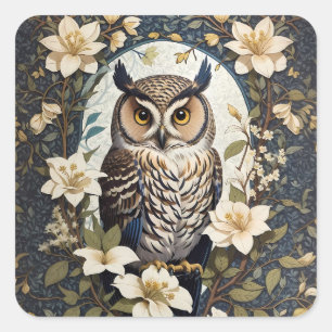 Beautiful Owl And Jasmine Flowers Square Sticker