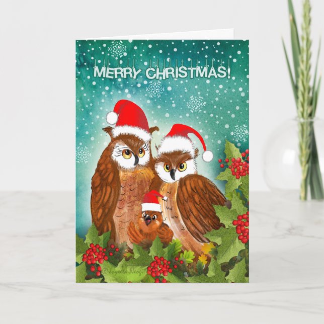 Beautiful owl family on Christmas! Holiday Card (Front)