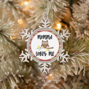 Beautiful Owl Mummy Loves Me Snowflake Pewter Christmas Ornament