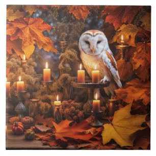 Beautiful Owl Mystical Autumn Leaves Candles Tile