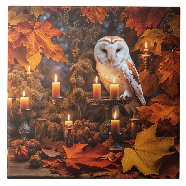 Beautiful Owl Mystical Autumn Leaves Candles Tile (Front)