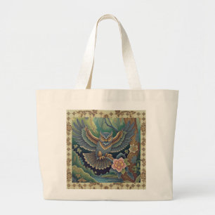 Beautiful Owl Spreading its Wings and Batik Style Large Tote Bag