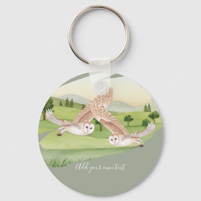 Beautiful OWLS flying in countryside Personalised Key Ring (Front)