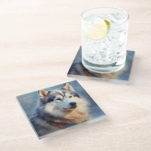 BEAUTIFUL PAINTING OF AN ALASKAN MALAMUTE DOG GLASS COASTER