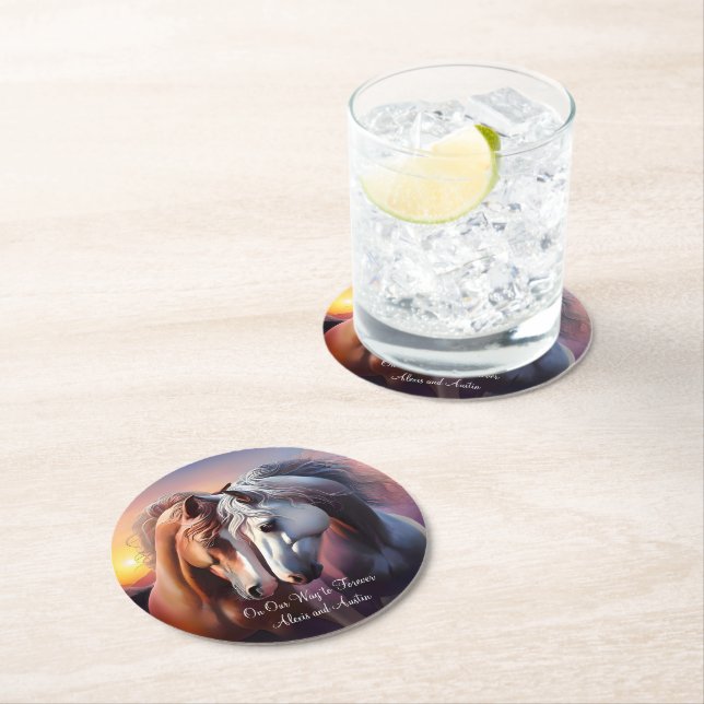 Beautiful Pair of Horses Forever Anniversary Round Paper Coaster (Insitu)