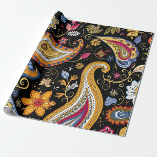 Beautiful Paisley Pattern Black Colourful  Wrapping Paper