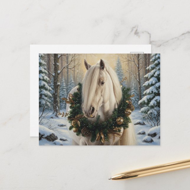 Beautiful Palomino Horse Winter Forest Christmas Postcard (Front/Back In Situ)