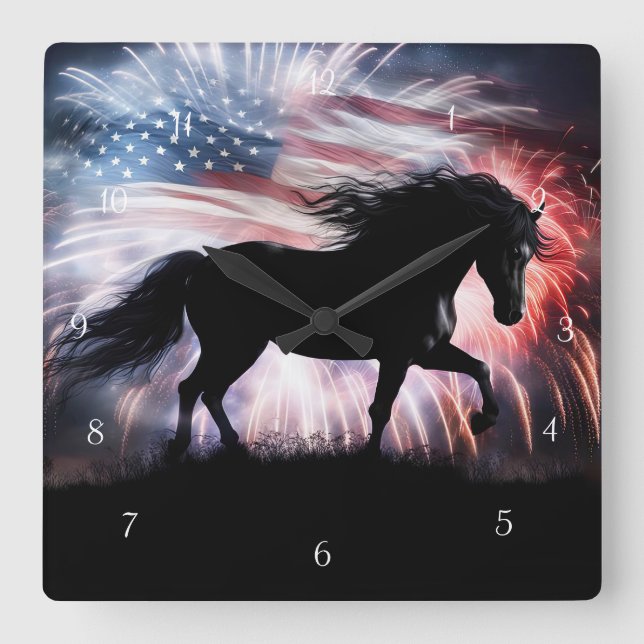 Beautiful Parotic Horse American Flag Fireworks Square Wall Clock (Front)