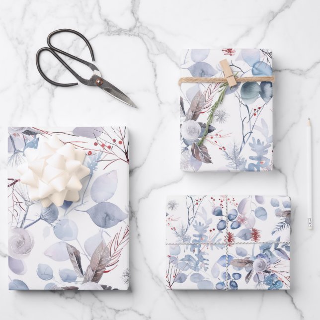 Beautiful Pastel Blue Wnter Floral Wrapping Paper Sheet (Front)