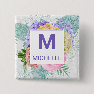 Beautiful Pastel Colours Spring Flowers Monogram 15 Cm Square Badge