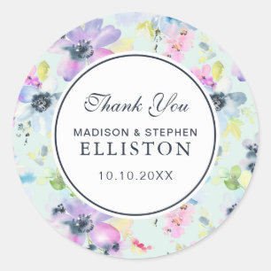Beautiful Pastel Floral Watercolor Thank You Classic Round Sticker