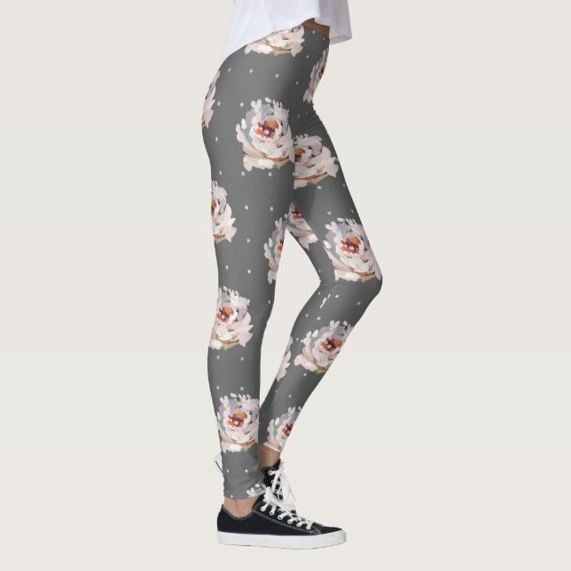 Beautiful Pastel Floral with Dots on Chic Grey Leggings (Right)