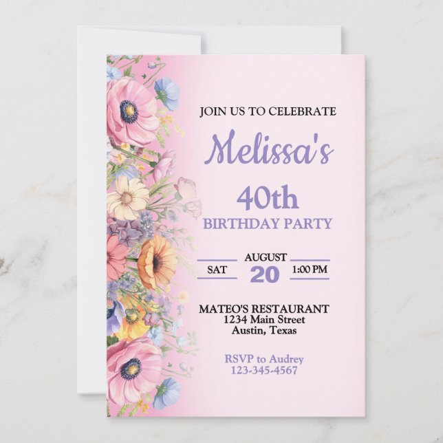 Beautiful Pastel Flowers Birthday Party Invitation (Front)
