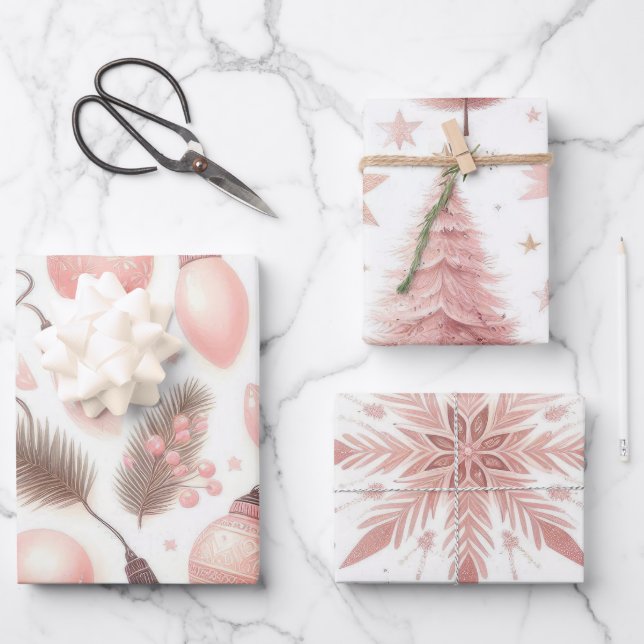 Beautiful Pastel Pink Christmas Designs Wrapping Paper Sheet (Front)