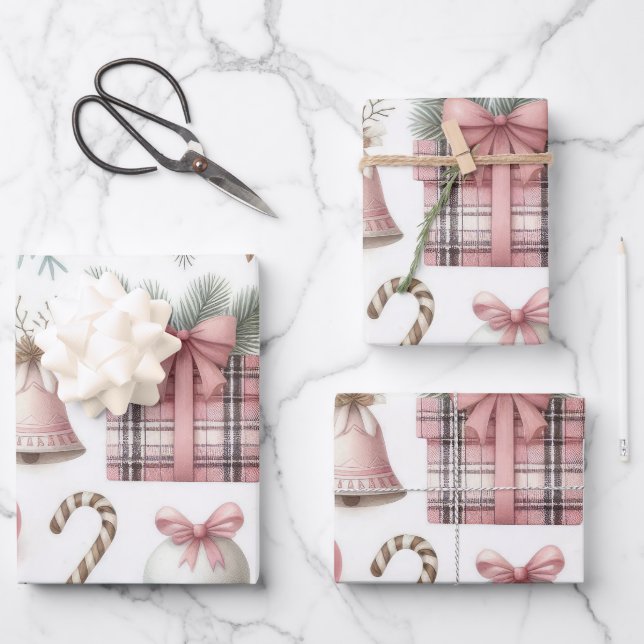 Beautiful Pastel Pink Christmas Designs Wrapping Paper Sheet (Front)