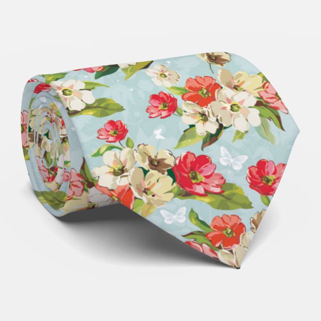 Beautiful Pastel Romantic Cherry Blossom red-cream Tie (Rolled)