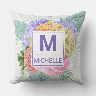 Beautiful Pastel Spring Flowers Monogram Cushion