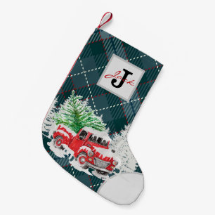 Beautiful pattern monogrammed red truck blue plaid small christmas stocking