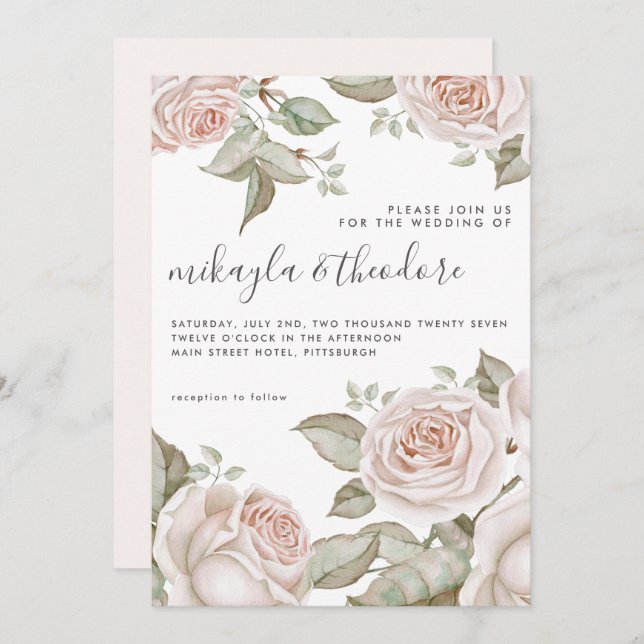 Beautiful Peach Blush Watercolor Roses Wedding Invitation (Front/Back)