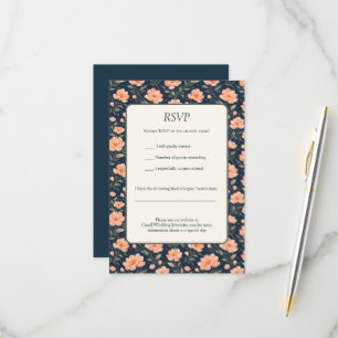Beautiful Peach Flower Blossoms on Navy Blue RSVP Card