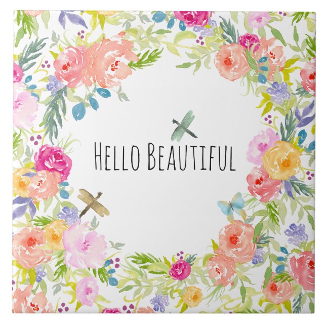 Beautiful Peach Pink Gold Yellow Watercolor Floral Tile (Front)