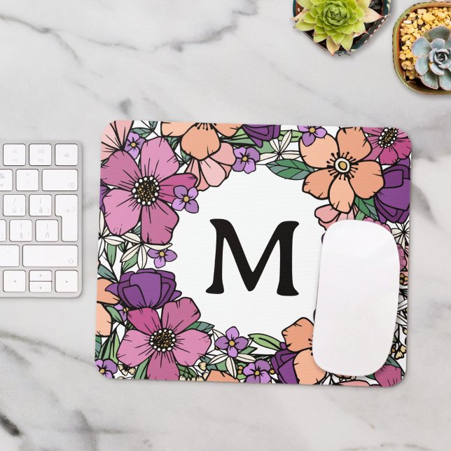 Beautiful Peach Purple Pink Floral Monogram Mouse Pad (Creator Uploaded)