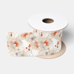 Beautiful Peach Red White Floral Satin Ribbon
