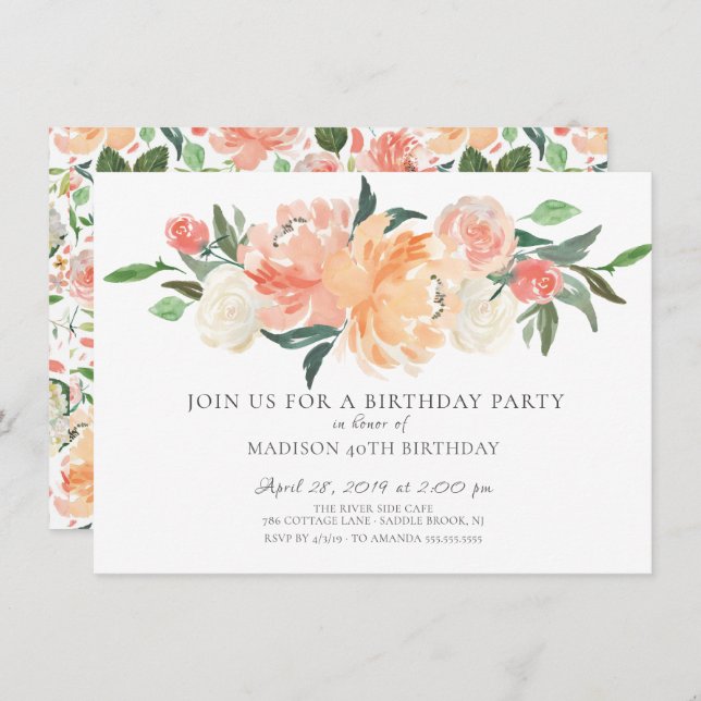 Beautiful Peach Watercolor Floral Birthday Party Invitation (Front/Back)
