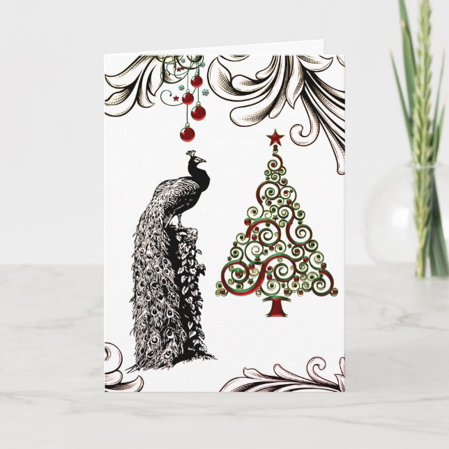 Beautiful Peacock, Christmas Tree Holiday Card (Front)