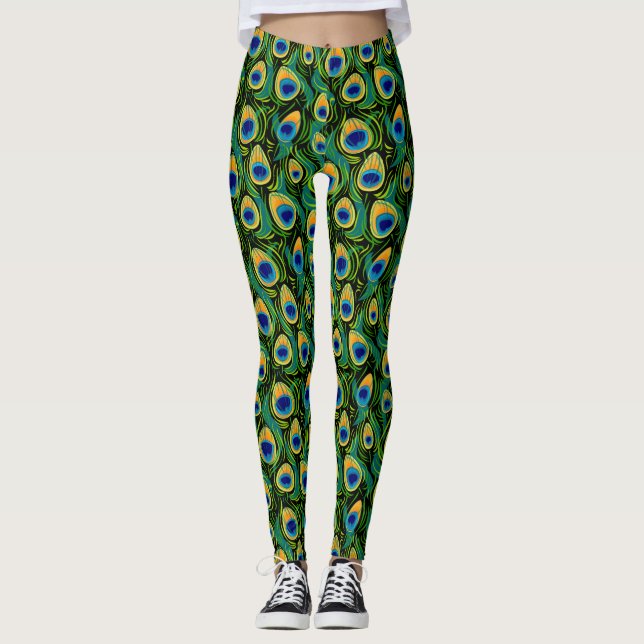 Beautiful Peacock Feather Animal Print Planner Leggings (Front)