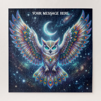 Beautiful Peacock feathered owl at night Jigsaw Puzzle