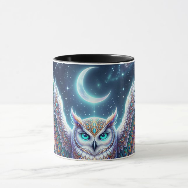 Beautiful Peacock feathered owl design at night  Mug (Center)