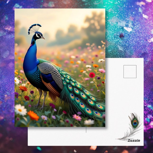 Beautiful Peacock in a Floral Field Postcard (Creator Uploaded)