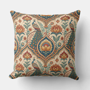Beautiful Peacock & Indian Floral Pattern Artwork Cushion