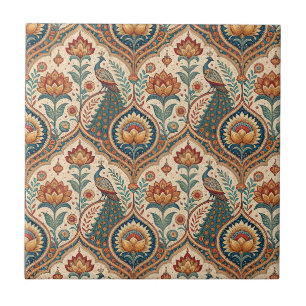 Beautiful Peacock & Indian Floral Pattern Artwork Tile