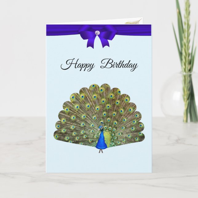 Beautiful Peacock & Ribbon Birthday Note Card (Front)