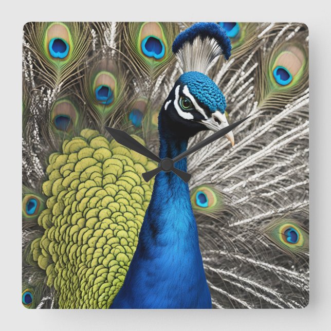 Beautiful Peacock Square Wall Clock (Front)