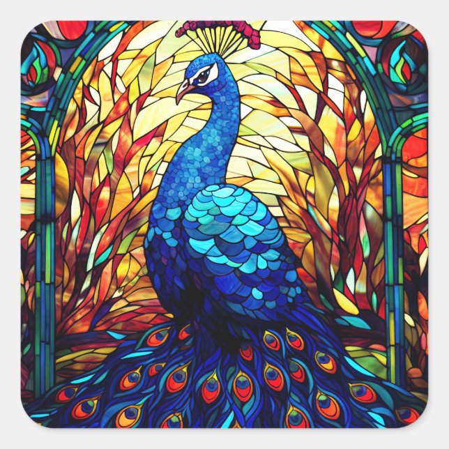 Beautiful Peacock Stained Glass Wildlife Art Square Sticker (Front)