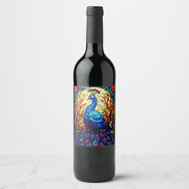 Beautiful Peacock Stained Glass Wildlife Art Wine Label (Front)