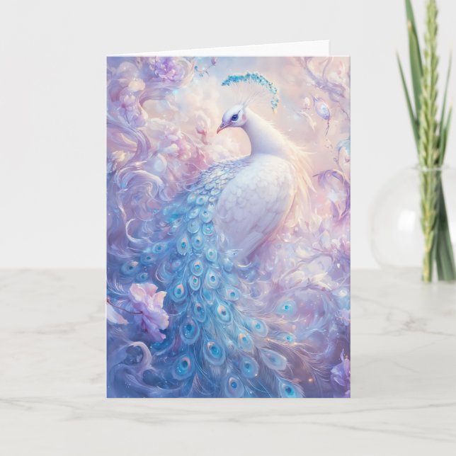 Beautiful Peacock Surrounded by Soft Pastel Flower Card (Front)
