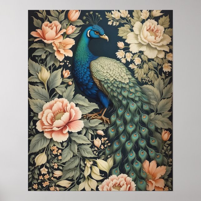 Beautiful Peacock William Morris Inspired Floral Poster (Front)