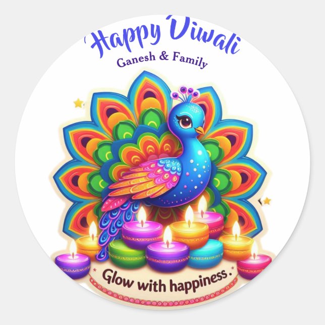 Beautiful Peacock with Diya Personalised Diwali Classic Round Sticker (Front)