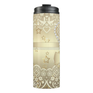 Beautiful pearl beads glitter lace golden heart bo thermal tumbler