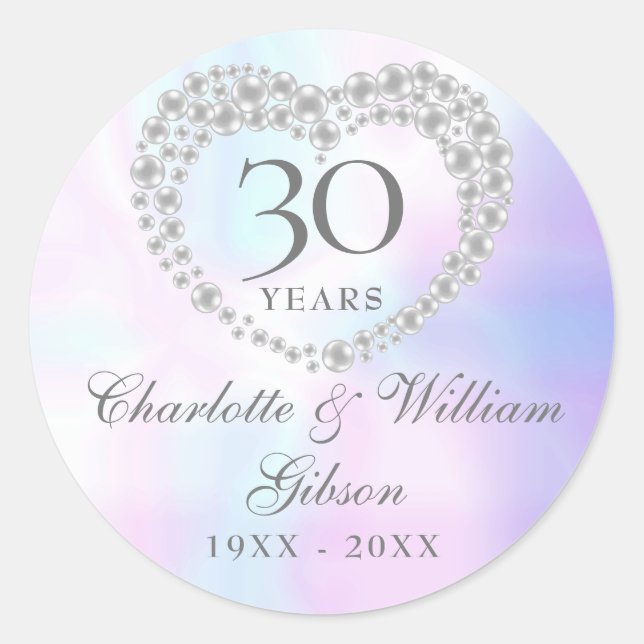 Beautiful Pearl Heart 30th Anniversary Classic Round Sticker (Front)