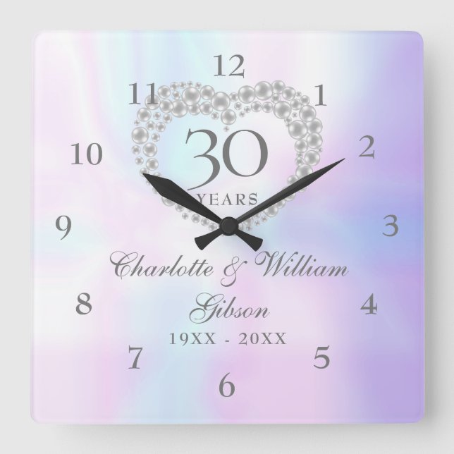 Beautiful Pearl Heart 30th Anniversary Square Wall Clock (Front)