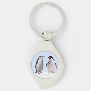 Beautiful Penguin Bird Couple on Light Blue Key Ring