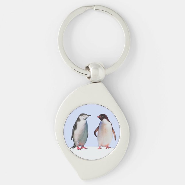 Beautiful Penguin Bird Couple on Light Blue Key Ring (Front)
