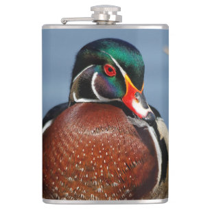 Beautiful Pensive Wood Duck in the Marsh Hip Flask