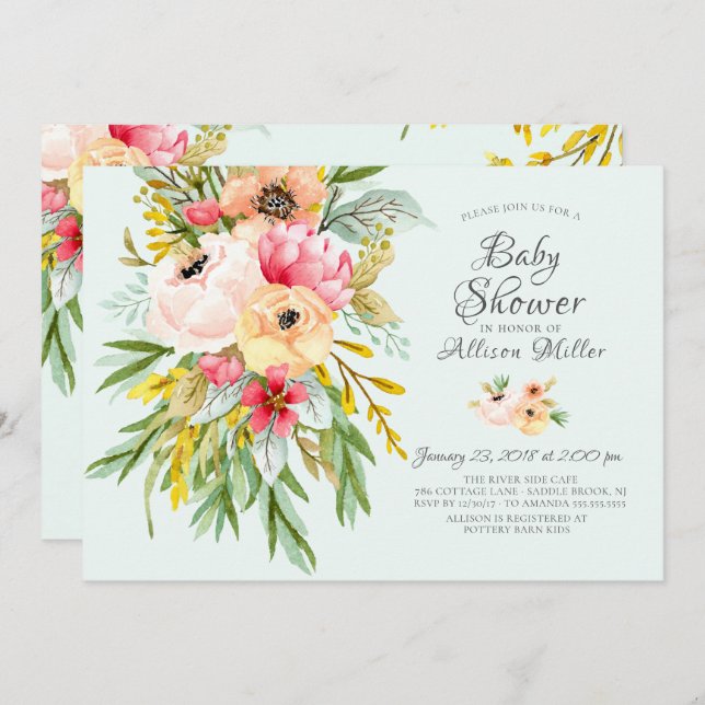 Beautiful Peonies Floral Baby Shower Invitations (Front/Back)