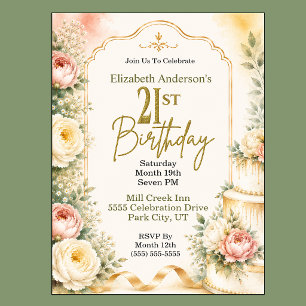 Beautiful Peony 21st Birthday Party Invitation